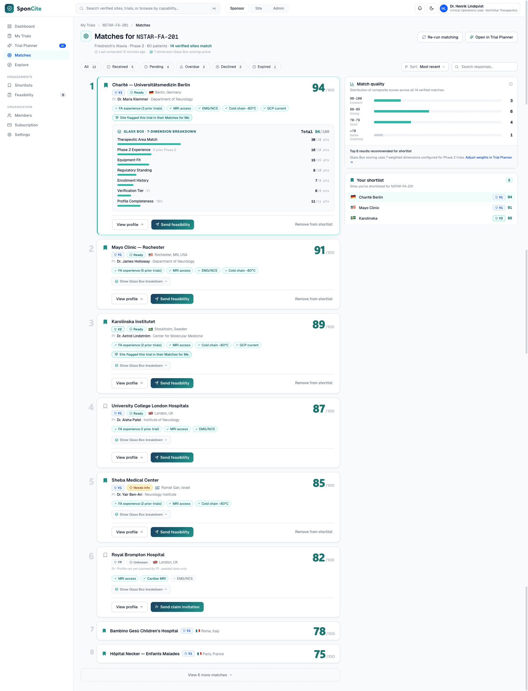 SponCite Glass Box match view showing an evidence-supported rationale for a research Site