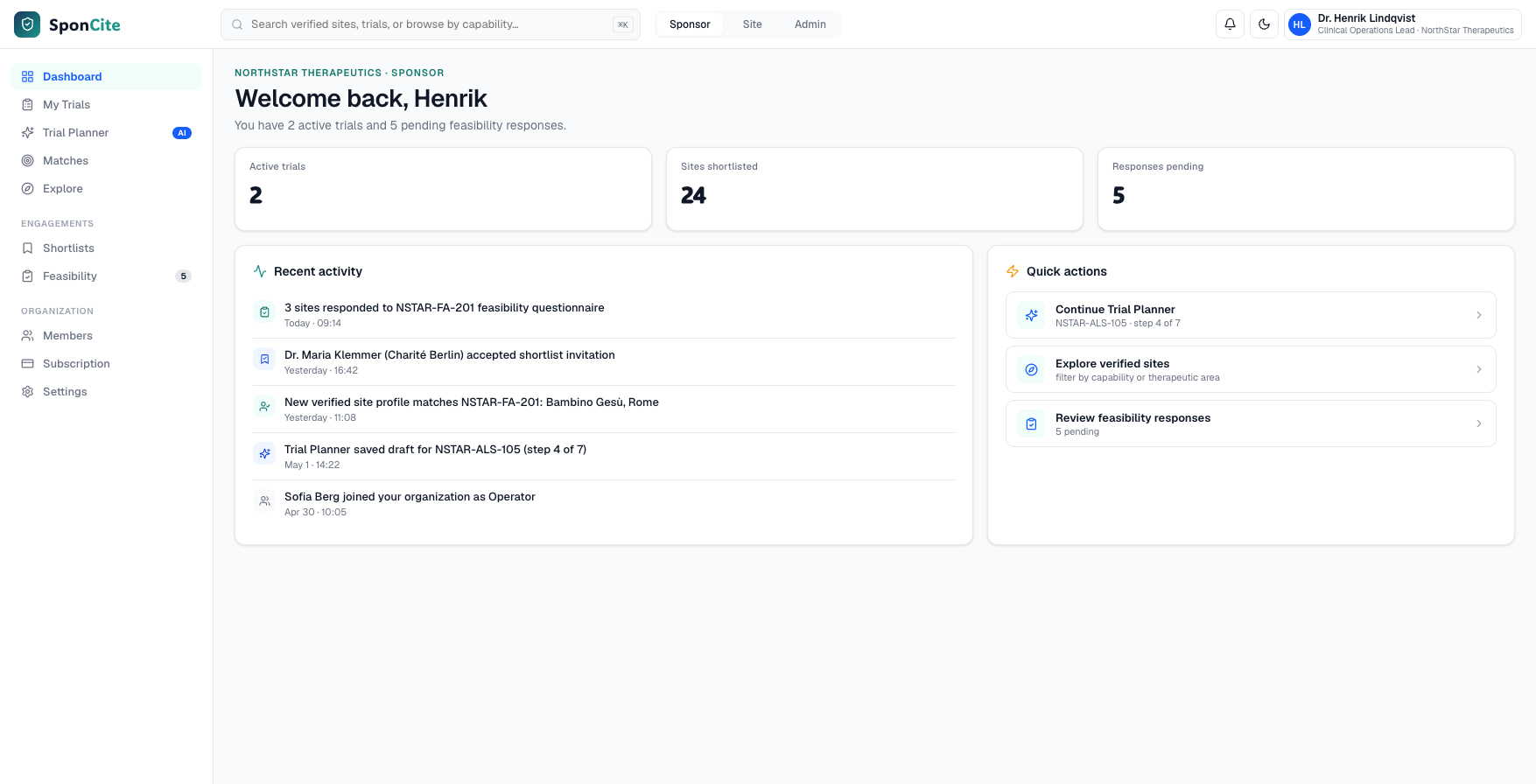 Start from a study-operations command center SponCite prototype screen